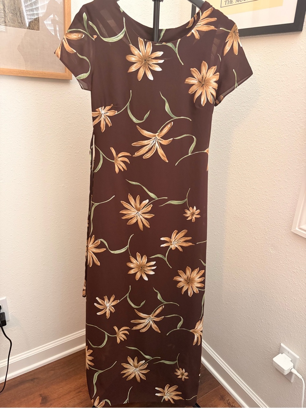 90s Brown Rachel Greene Floral Short-Sleeve Maxi Dress